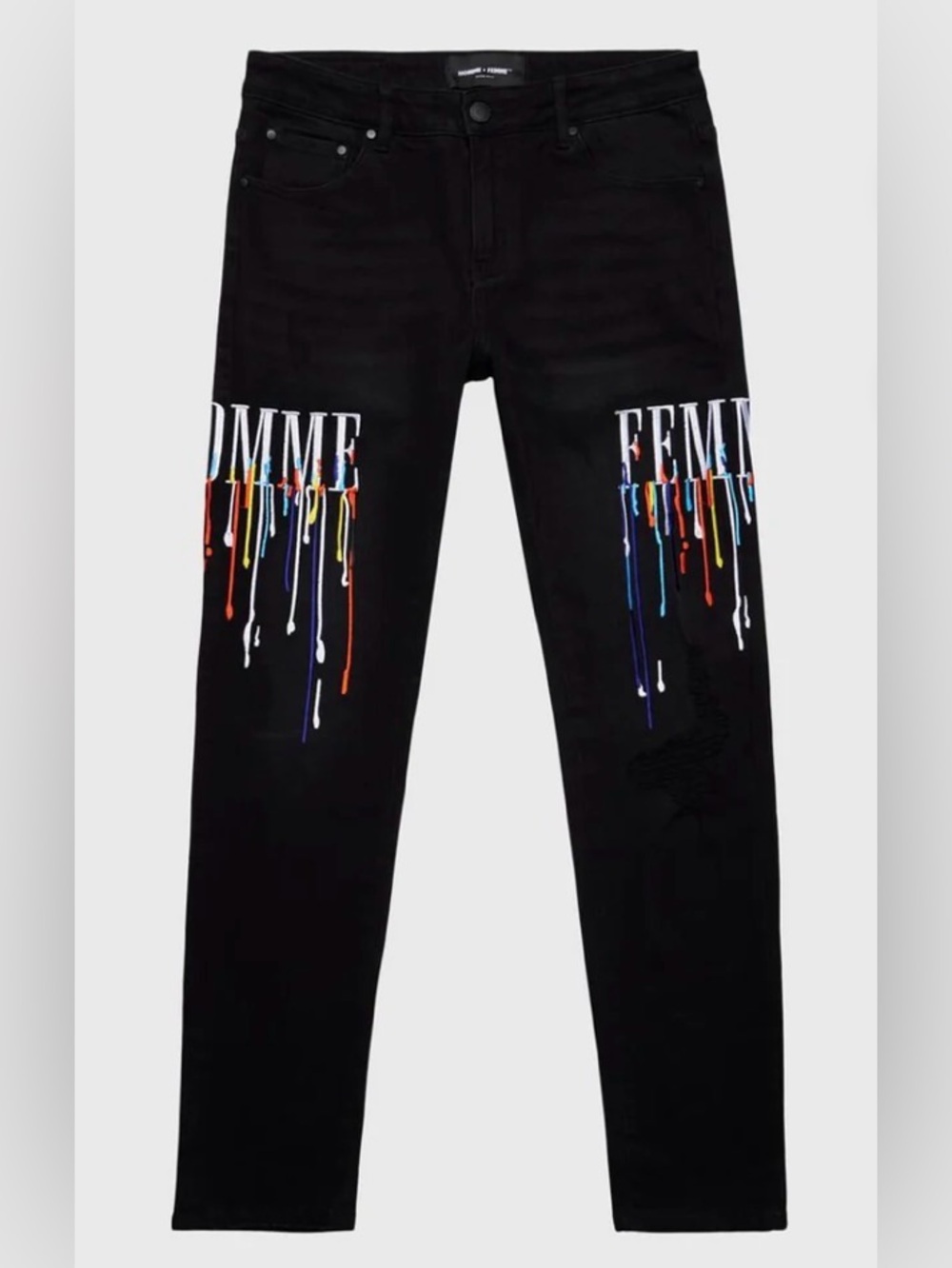 HOMME FEMME LETTERMAN DRIP JEANS Skinny Stretch Size 34 Inseam 30”NWT